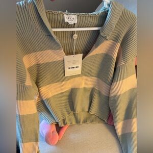 bohme Olive Green and Cream Striped Ribbed V-Neck Sweater